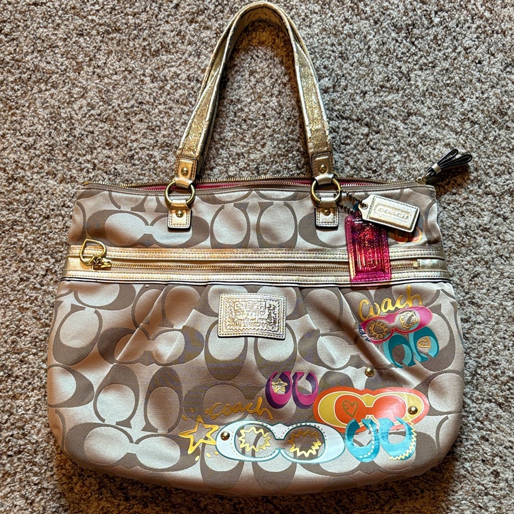 Coach Gold and Tan Signature Shoulder Bag $20